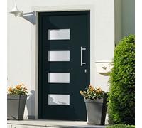 YunCangg Puerta de entrada antracita de aluminio y PVC, 110 x 210 cm, con marco de puerta, umbral, cerradura de 5 vías, acristalamiento aislante, junta, protección térmica y protección antirrobo, para