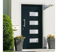 YunCangg Puerta de entrada de aluminio y PVC antracita 100 x 200 cm, puerta de entrada con 5 compartimentos de seguridad, 3 capas de acristalamiento aislante, umbral, para renovación y construcción