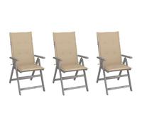 YunCangg Sillas de jardín ajustables de madera maciza de acacia con cojines 3 unidades, 57 x 69 x 110 cm, resistente a la intemperie e impermeable, para balcón, terraza, exterior, con respaldo y