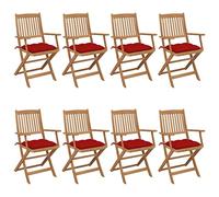 YunCangg Sillas de jardín plegables 8 unidades, de madera maciza de acacia con cojines rojos, plegables y resistentes a la intemperie, cómodos respaldos y reposabrazos para balcón, terraza, exterior y