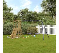 YunCangg Torre de juego de madera de pino impregnada con columpio doble, estructura de escalada, arenero, tobogán y barandilla de seguridad para jardín, terraza, patio, parque infantil al aire libre