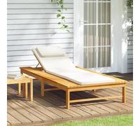 YunCangg Tumbona de jardín con cojín blanco crema, madera maciza de acacia, respaldo ajustable, acolchado ergonómico, para terraza, balcón y piscina para relajarse