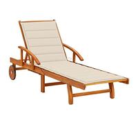 YunCangg Tumbona de jardín de madera maciza de acacia con apoyo, color blanco crema, ajustable con respaldo y reposapiés, incluye mesa extensible, ruedas para desplazarse