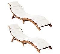 YunCangg Tumbonas de jardín 2 unidades, color blanco crema, madera de acacia, plegable, ajustable, cojín ergonómico, para balcón, terraza, piscina, exterior
