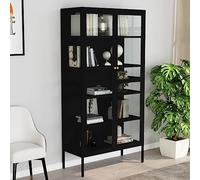 YunCangg Vitrina negra 90 x 40 x 180 cm acero y vidrio templado con 4 estantes ajustables, niveladores, soporte de pared para salón, dormitorio, oficina y pasillo, espacio de almacenamiento y orden