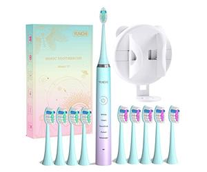 YUNCHI Y7 - Cepillo de dientes sónico, 5 modos, 4 horas de carga de últimos 30 días, 40.000 pinceladas por minuto (azul + soporte para cepillo de dientes + 8 pinceles), azul, blanco