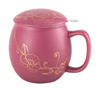 Yundu - Vaso de cerámica de 360ml con tapa y colador de acero inoxidable - Diseño mate en color lila con flor dorada, filtro de té de acero inoxidable 304 para té suelto, regalo para amantes del té