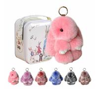 YUNFAN Bunny Keychain with Tin Box,Bunnys in a Tin,Handmade Soft Bunny PomPom Charms,Soft Easter Bunnys Plush Keychain,Fluffy Car Charm for Bags & Backpacks,Birthday Gift for Women,Girls(Pink)