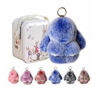 YUNFAN Bunny Keychain with Tin Box,Bunnys in a Tin,Handmade Soft Bunny PomPom Charms,Soft Easter Bunnys Plush Keychain,Fluffy Car Charm for Bags & Backpacks,Birthday Gift for Women,Girls(Blue)