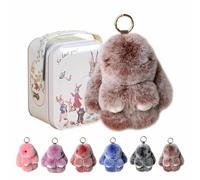 YUNFAN Bunny Keychain with Tin Box,Bunnys in a Tin,Handmade Soft Bunny PomPom Charms,Soft Easter Bunnys Plush Keychain,Fluffy Car Charm for Bags & Backpacks,Birthday Gift for Women,Girls(Coffee)
