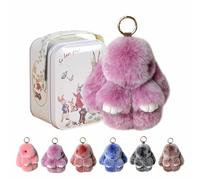 YUNFAN Bunny Keychain with Tin Box,Bunnys in a Tin,Handmade Soft Bunny PomPom Charms,Soft Easter Bunnys Plush Keychain,Fluffy Car Charm for Bags & Backpacks,Birthday Gift for Women,Girls(Purple)