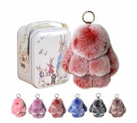 YUNFAN Bunny Keychain with Tin Box,Bunnys in a Tin,Handmade Soft Bunny PomPom Charms,Soft Easter Bunnys Plush Keychain,Fluffy Car Charm for Bags & Backpacks,Birthday Gift for Women,Girls(Burgundy)