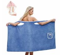 YUNFAN Plus Size Women's Wearable Shower Skirt,Soft Quick-Drying Bathtub Shower Dress,Adjustable Coral Fleece Bath Wrap Dress,with Snaps and Pocket,Highly Absorbent,for Home SPA Sauna Beach(Azul,L)