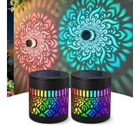 YUNFAN Solar-Powered Mandala Projector Light,Seven-Color Changing Outdoor Decorative Projection Lamp,Metal Hollowed-Out Waterproof Solar Wall Art Lights,Auto On Off Fence Light for Yard Garden(2 PCS)