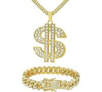YUNHENTONG Collar Dolar Disfraz 2 Piezas Collar Pulsera Disfraz Rapero Cadena Hip Hop Collares Disfraz Jeque, Ali g, Rockero, Años 80/90