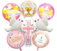 YUNHENTONG Globos Para Primera Comunión, 8 Unidades, Color Rosa, Bautizo, Palomas Blancas, Cruz, Confirmación, Niños, Niñas, Bautismo