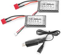 YUNIQUE Green-Clean-Power - 2 Baterías Lipo 7.4V 1000mAh T Plug | Compatible con RC 18859 18858 Q902 35-DJ03 | Incluye Cargador USB, Plateado