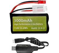 YUNIQUE GREEN-CLEAN-POWER - 7,4 V 3000 mAh 15 C 2S Li-ion batería con enchufe JST-2P con cable de carga USB para UDIRC UD1601 UD1602 SG1603 RC Coche 1/10, 1/12, 1/16 Escala Camión RC Barco RC Drone