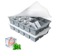 YUNISS Cubiteras para Hielo Grande con Tapa, 2 Piezas Cubitera Hielo Silicona Libre de BPA, Molde para Cubitos Apilables y Que Ahorran Espacio, Ice Cube Tray para Cócteles, Whisky, Vino -Gris