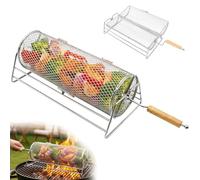 Yunkctuk Cesta de Parrilla Rodadiza, Acero Inoxidable 304, Canastas BBQ Giratorias con Mango de Madera Extraíble, Accesorios Barbacoa para Erduras, Marisco, Acampada, Regalo para Papá, Hombres