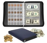 Yunkctuk Ignífugo Album Monedas de 2 euros, Monedas Coleccion con 24 Páginas para 300 Monedas y 36 Billetes de Euros, Dólares, Libras Esterlinas y Peniques. (Azul)