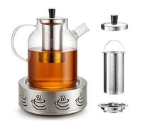 Yunlaishaocer Tetera de cristal de 1800 ml con calientaplatos de acero inoxidable, tetera de cristal con filtro extraíble, resistente a altas temperaturas, tetera para té suelto, té de frutas, té