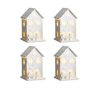 Yunmeryker coración Pueblo Naviño Iluminada, y plástico - Incluye árboles pequeños - Nieve en Polvo - coración hogar - para Mesa, Set de 4 Piezas de casita de Madera con Techo nevado