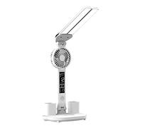 Yunmeryker Lámpara de Escritorio Led Multifunción con Ventilador Soporte para Bolígrafo Soporte para Teléfono Pantalla Reloj Regulable Protección Ocular Plegable, Enchufar