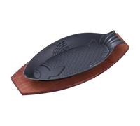 Yunmeryker Sartén para Filete de Hierro Fundido con Bandeja de Madera Grill para Barbacoa Japonesa Placa Teppanyaki Platter de Pescado Y Carne Adecuada para, C