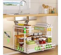 YunNasi 2 Niveles Organizador de Gabinete Expandible, Almacenamiento de Cocina Bajo Fregadero, Organización Extraíble, Organizador Multiusos para Cocina, Baño, Gabinete, Armario (Blanco)