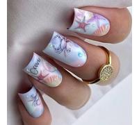 YUNNIAN Juego de 24 uñas acrílicas a presión, diseño de textura azul, uñas postizas con forma de concha