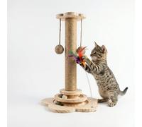 Yunova Rascador para Gatitos de Madera - Poste de Rascado Interactivo con Circuito de Bolas y Pluma - Árbol para Gatos Pequeño (46cm) de Cuerda de Yute Natural - Base Antideslizante y Estable (Beige)