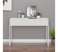 Yunovire Mesa consola blanca 106 x 35 x 75 cm, moderna mesa de pasillo de acero con 2 cajones, patas ajustables, mesita de noche para dormitorio y salón, diseño robusto