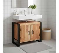 Yunovire Mueble bajo lavabo marrón 71 x 33 x 58 cm madera maciza de acacia con marco de hierro, estantería para 2 puertas, espacio de almacenamiento para cuarto de baño, inodoro de invitados, mueble