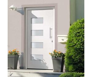 Yunovire Puerta de entrada de aluminio y PVC, color blanco, 110 x 210 cm, con cierre de 5 vías, acristalamiento aislante, cerradura de seguridad, umbral de aluminio y kit de montaje para nueva