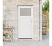 Yunovire Puerta de entrada lateral de PVC blanco 98 x 198 cm con cierre de 5 puntos de seta de pin, umbral de aluminio, bisagras 3D, acristalamiento térmico para casa, nueva construcción, renovación