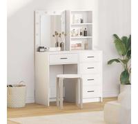 Yunovire Tocador 2 piezas blanco de madera 50 x 41 x 135 cm con iluminación LED, cajón, estante, espacio de almacenamiento, mesa de maquillaje para dormitorio y organizador de belleza
