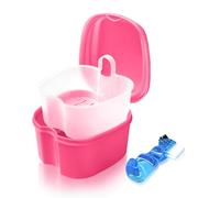 YunSchauen Caja de prótesis dental, caja de almacenamiento para dentaduras, caja de almacenamiento con colador colgante para dientes falsos, limpieza rosa