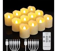 yunsheng 12 velas de té LED recargables con temporizador de mando a distancia, recargables, sin llama, luz blanca cálida, decoración de Halloween, Navidad, casa, boda (con 2 cables de carga USB)
