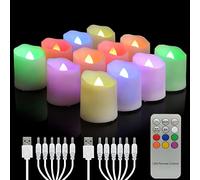 yunsheng 12 velas de té LED RGB recargables con temporizador de mando a distancia, recargables, sin llama, luz blanca cálida, decoración del hogar de Halloween (con 2 cables de carga USB)