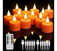 yunsheng 12 velas de té recargables de color naranja con mando a distancia y temporizador de 4/6 horas, recargables, sin llama, con 2 cables USB, mecha de silicona 3D, color blanco cálido para