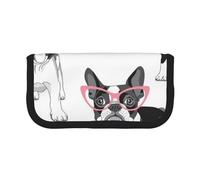 YUNWEIKEJI Frenchie Negro Bulldog Francés Dibujos Animados Gafas Rosas Perro Blanco, Estuche para lápices, Estuche para lápices de Lona Bolsa para cosméticos de Gran Capacidad