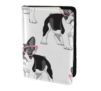 YUNWEIKEJI Frenchie Negro Bulldog Francés Dibujos Animados Gafas Rosas Perro Blanco, Funda para Pasaporte Cartera de Viaje de Cuero PU Funda para Pasaporte Fundas para Pasaporte 5,5 Pulgadas