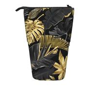 YUNWEIKEJI Hojas Tropicales Negras Doradas, Estuche telescópico para lápices, Soporte para lápices con Cremallera, Bolsa de Maquillaje, Bolsa para lápices