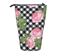 YUNWEIKEJI Imprimir Rosas sobre Cuadros Blancos Y Negros, Estuche telescópico para lápices, Soporte para lápices con Cremallera, Bolsa de Maquillaje, Bolsa para lápices