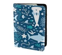 YUNWEIKEJI Tiburón Sonriente Animales Marinos Peces Estrella De Mar Azul, Funda para Pasaporte Cartera de Viaje de Cuero PU Funda para Pasaporte Fundas para Pasaporte 5,5 Pulgadas