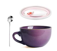 YUNXCNA Taza de Café Grande, 700 ml Taza de Café de Cerámica, Bol Grande de Cereales con Asa, Ensaladera, Reutilizable Bol de Avena Con Tapa y Cuchara, Apto para Avena, Yogur(Morado)