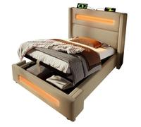 YUNYODA Cama tapizada individual 90 x 200 cm, cama juvenil con LED y carga USB Type-C, cama de almacenamiento con espacio de almacenamiento hidráulico, marco de cama de metal con listones de madera