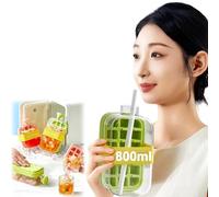 YUNYU Bandeja de cubitos de hielo 2 en 1 y recipiente de almacenamiento, liberación de hielo sin toque, con pajita, color verde