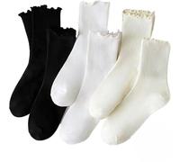 YUNYU Calcetines con volantes para mujer, 6 pares, calcetines de algodón suave a media pantorrilla, transpirables y tejidos, juego de regalo premium, Negro, blanco, blanquecino, One Size